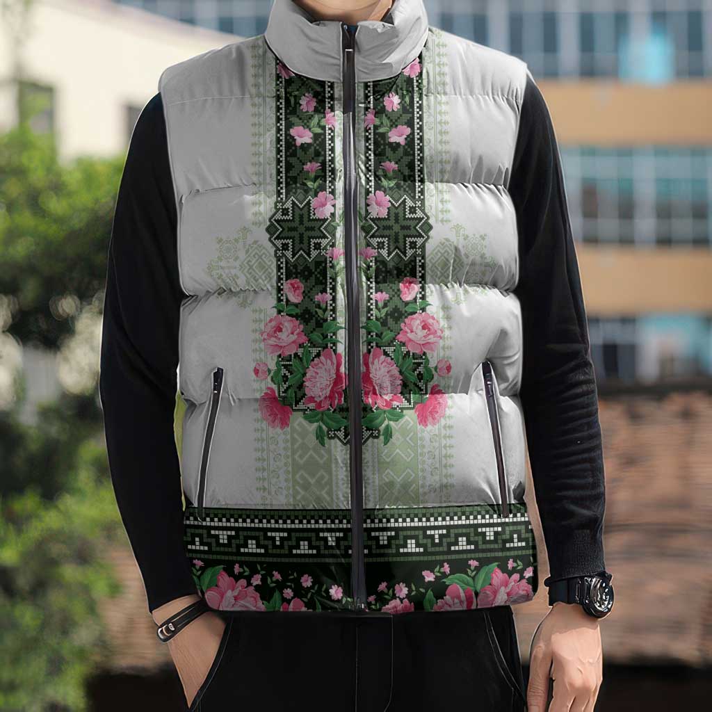 Green Romanian National Costume Sleeveless Puffer Jacket Peony Flowers Traditional Folk Pattern - Wonder Print Shop