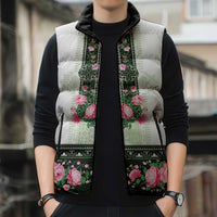 Green Romanian National Costume Sleeveless Puffer Jacket Peony Flowers Traditional Folk Pattern - Wonder Print Shop