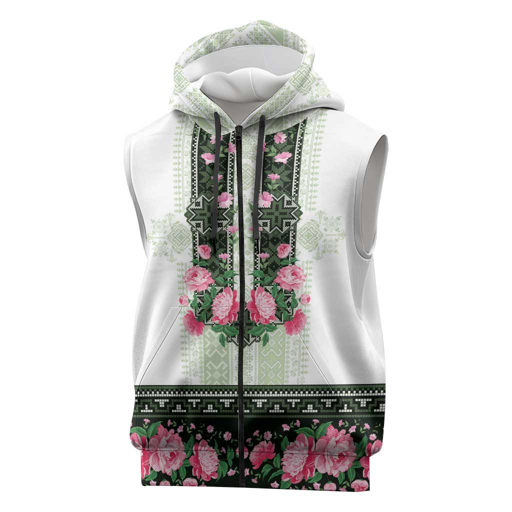 Green Romanian National Costume Sleeveless Zip Hoodie Peony Flowers Traditional Folk Pattern - Wonder Print Shop