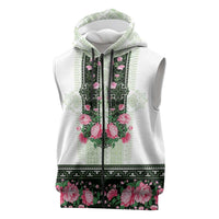 Green Romanian National Costume Sleeveless Zip Hoodie Peony Flowers Traditional Folk Pattern - Wonder Print Shop