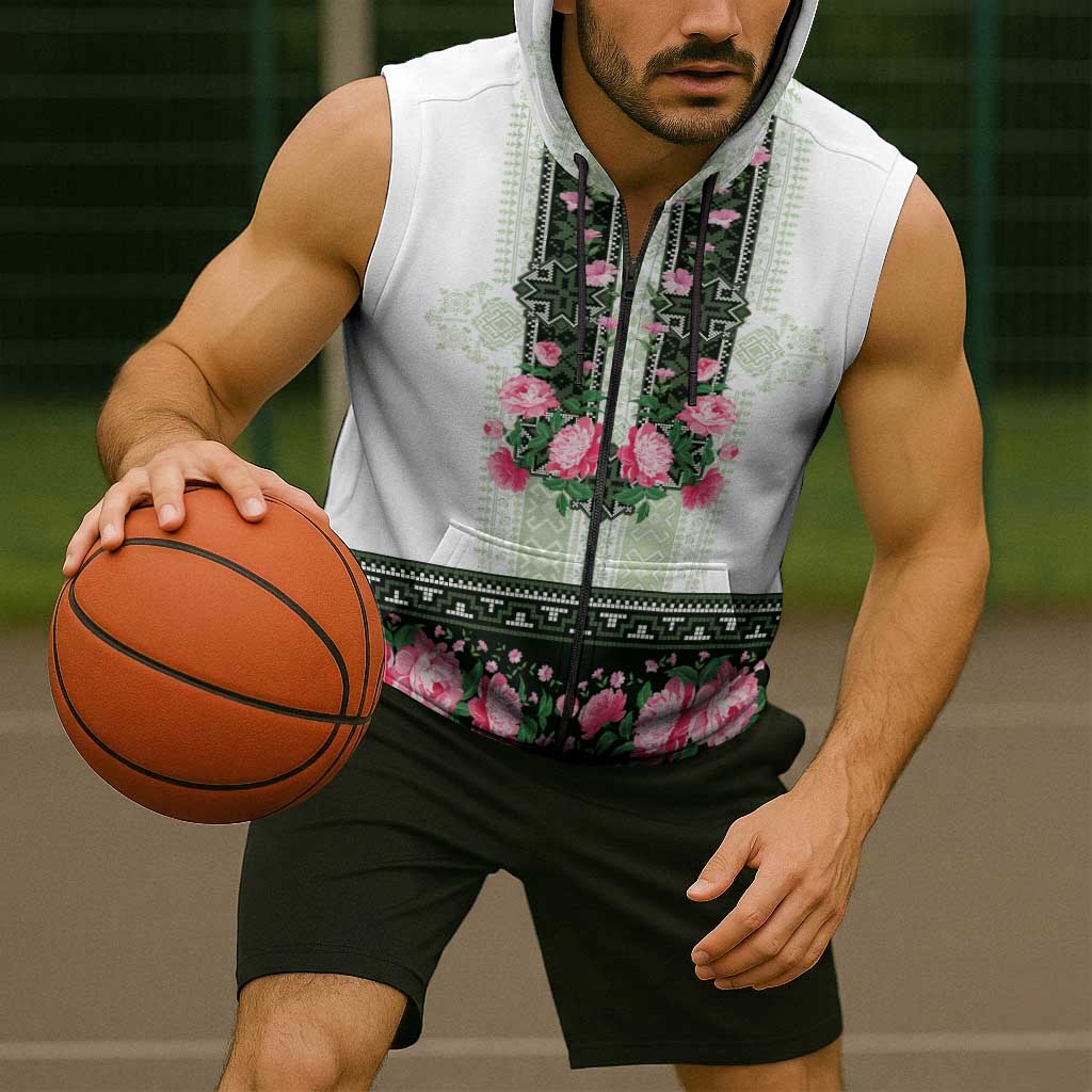 Green Romanian National Costume Sleeveless Zip Hoodie Peony Flowers Traditional Folk Pattern - Wonder Print Shop
