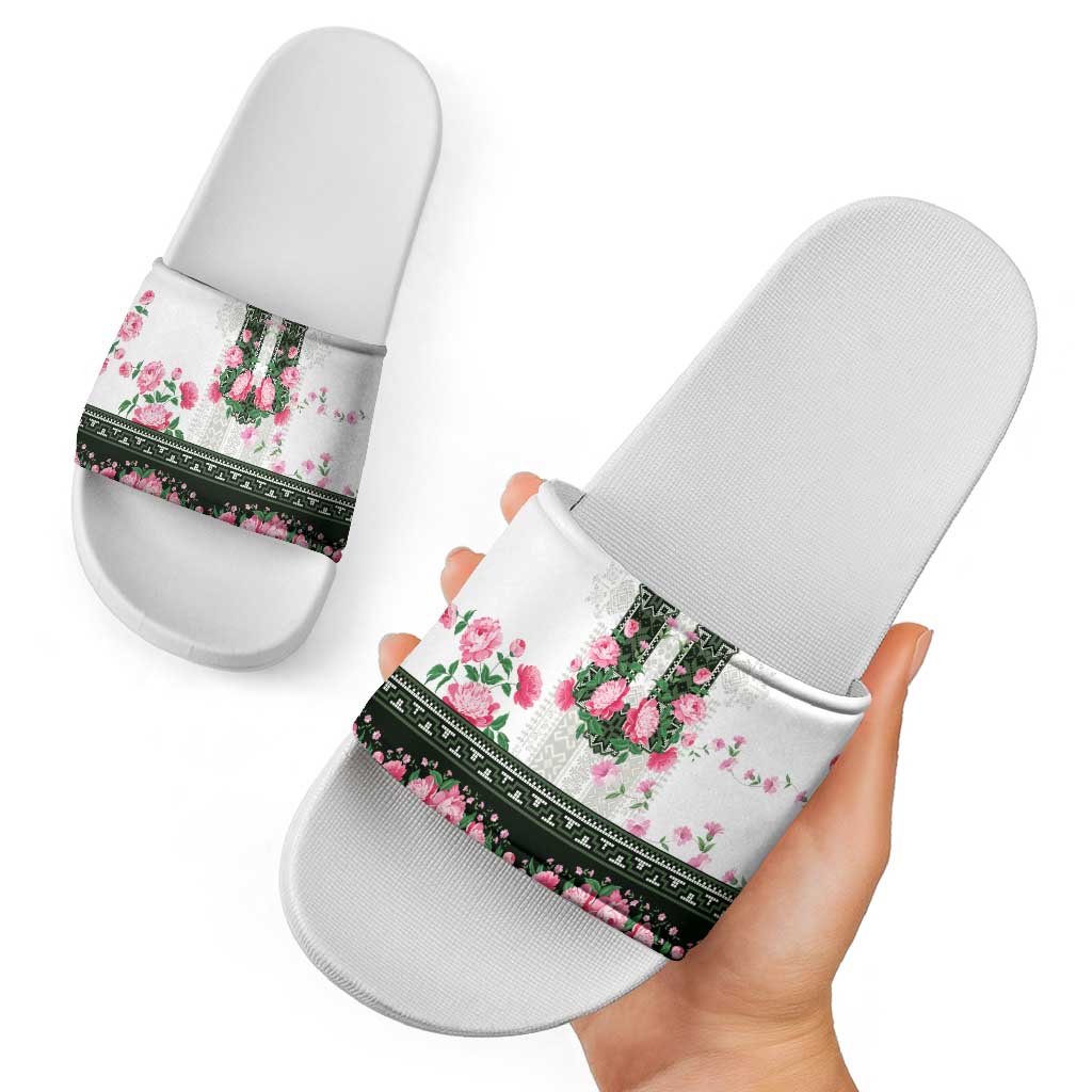 Green Romanian National Costume Slide Sandals Peony Flowers Traditional Folk Pattern - Wonder Print Shop
