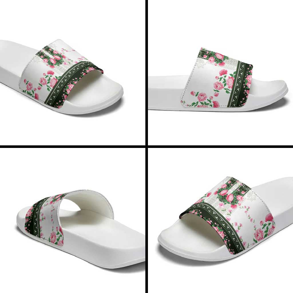 Green Romanian National Costume Slide Sandals Peony Flowers Traditional Folk Pattern - Wonder Print Shop
