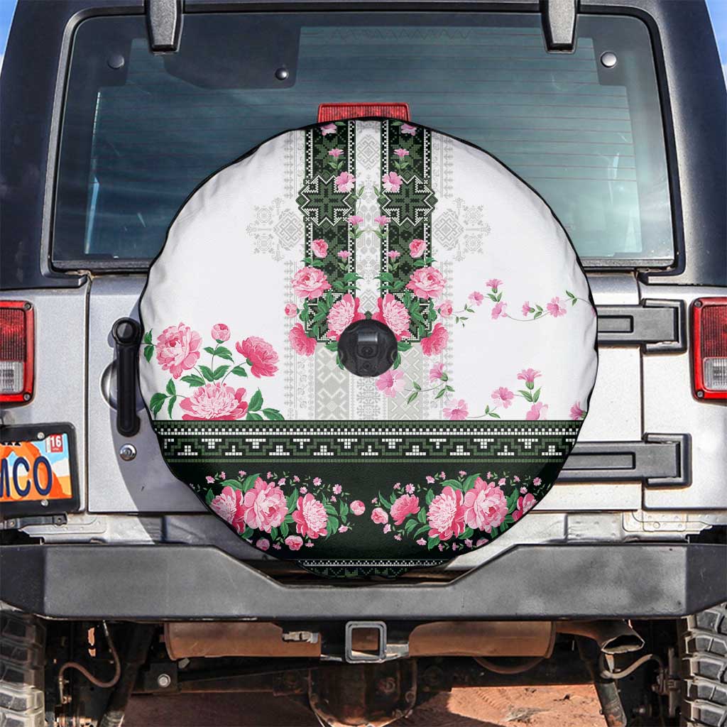 Green Romanian National Costume Spare Tire Cover Peony Flowers Traditional Folk Pattern - Wonder Print Shop