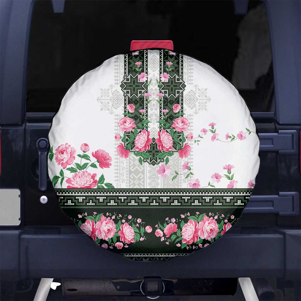 Green Romanian National Costume Spare Tire Cover Peony Flowers Traditional Folk Pattern - Wonder Print Shop