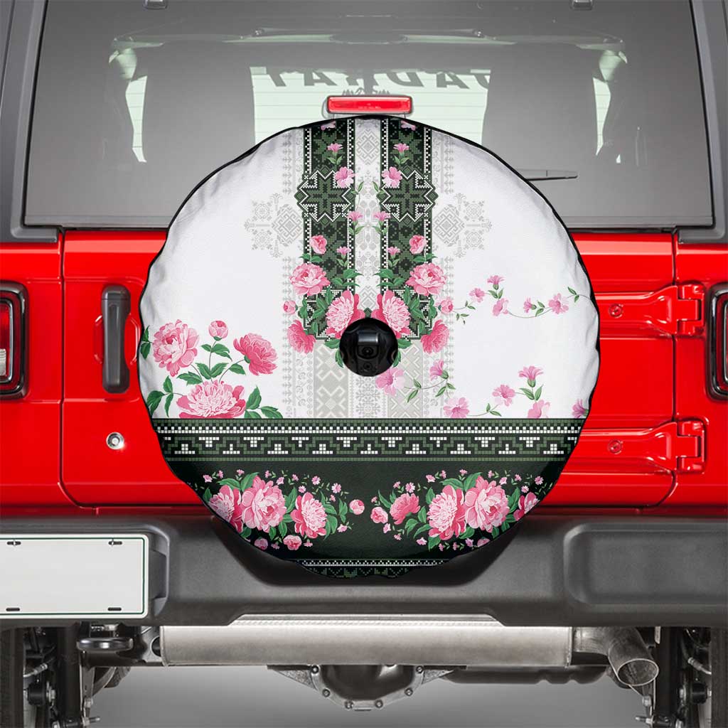 Green Romanian National Costume Spare Tire Cover Peony Flowers Traditional Folk Pattern - Wonder Print Shop