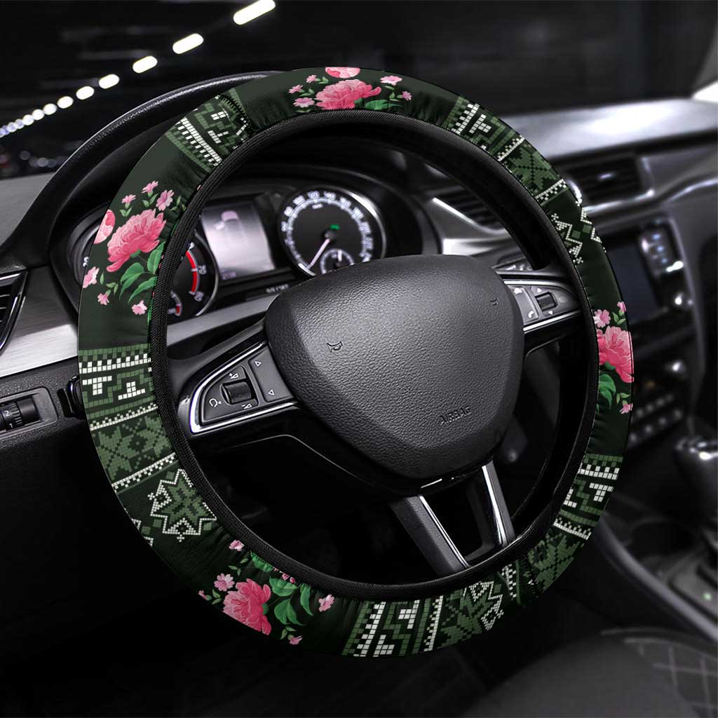 Green Romanian National Costume Steering Wheel Cover Peony Flowers Traditional Folk Pattern - Wonder Print Shop
