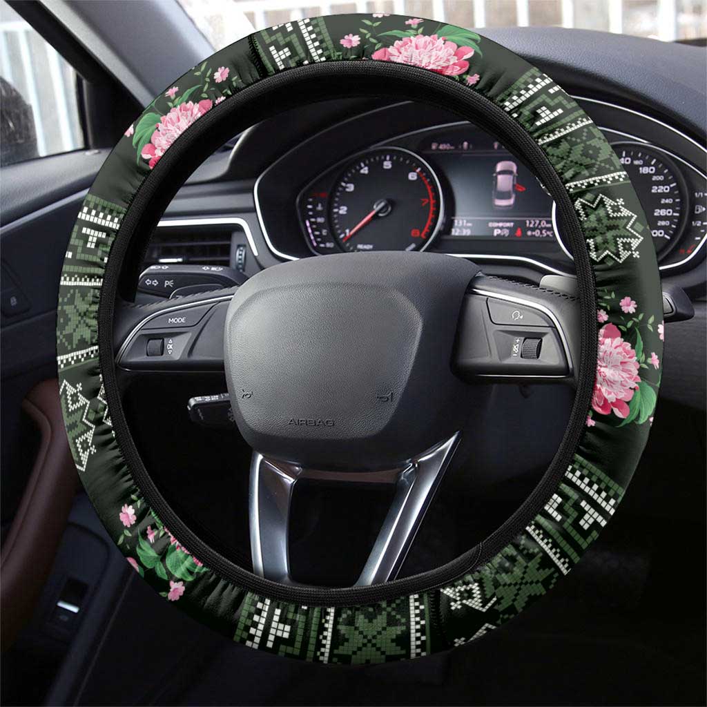 Green Romanian National Costume Steering Wheel Cover Peony Flowers Traditional Folk Pattern - Wonder Print Shop