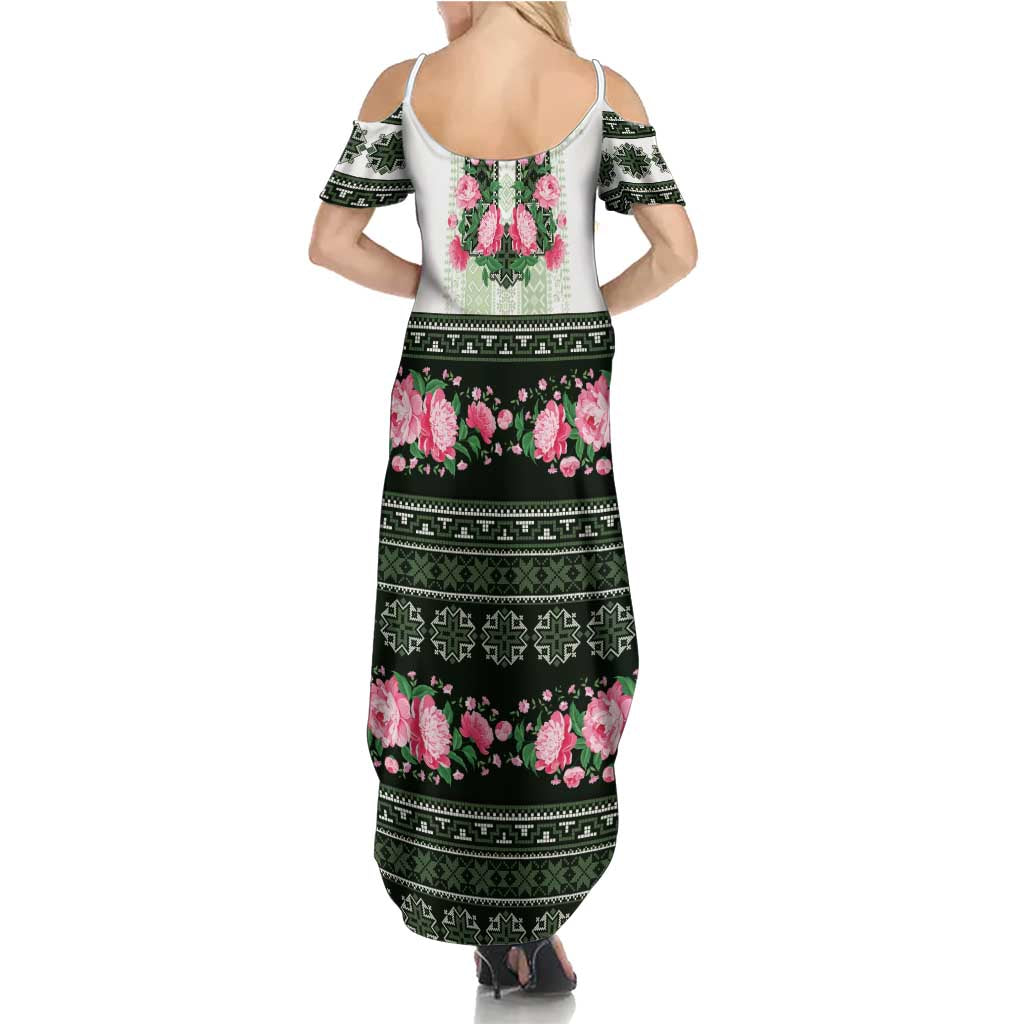 Green Romanian National Costume Summer Maxi Dress Peony Flowers Traditional Folk Pattern - Wonder Print Shop