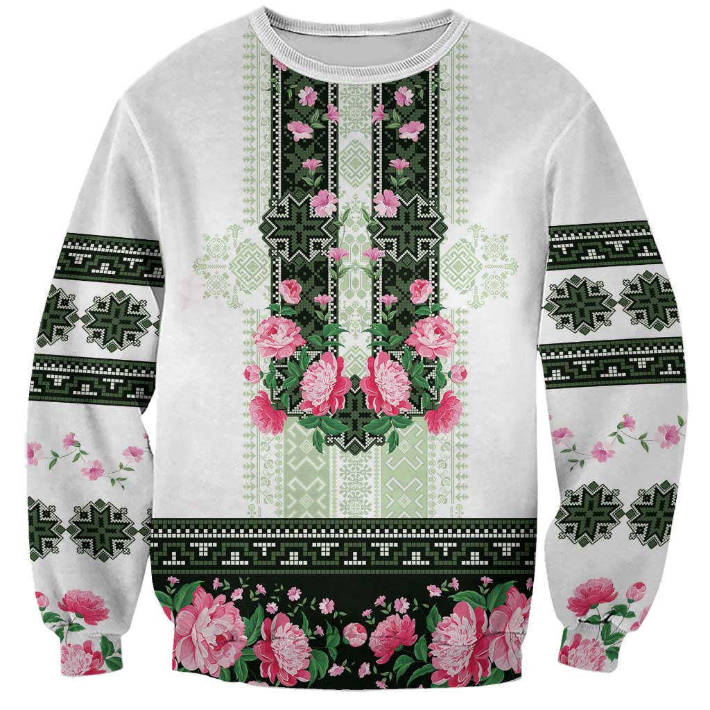 Green Romanian National Costume Sweatshirt Peony Flowers Traditional Folk Pattern - Wonder Print Shop