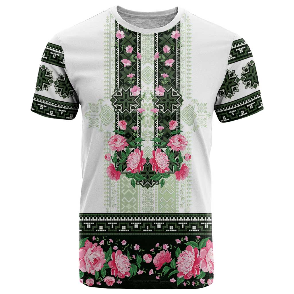 Green Romanian National Costume T Shirt Peony Flowers Traditional Folk Pattern - Wonder Print Shop