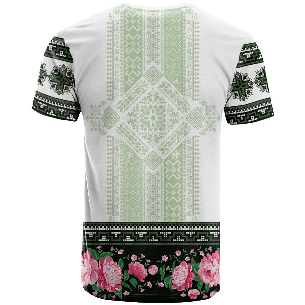 Green Romanian National Costume T Shirt Peony Flowers Traditional Folk Pattern - Wonder Print Shop