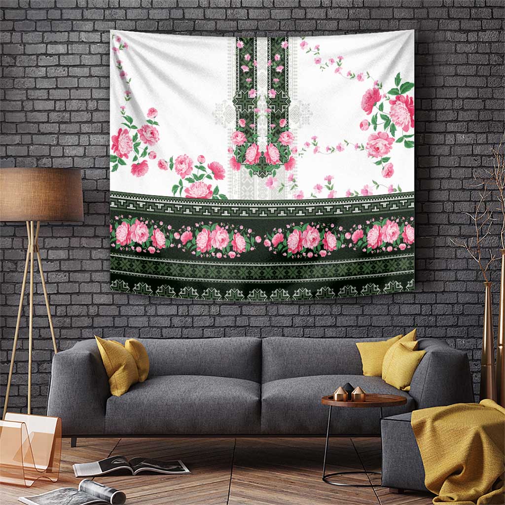 Green Romanian National Costume Tapestry Peony Flowers Traditional Folk Pattern - Wonder Print Shop