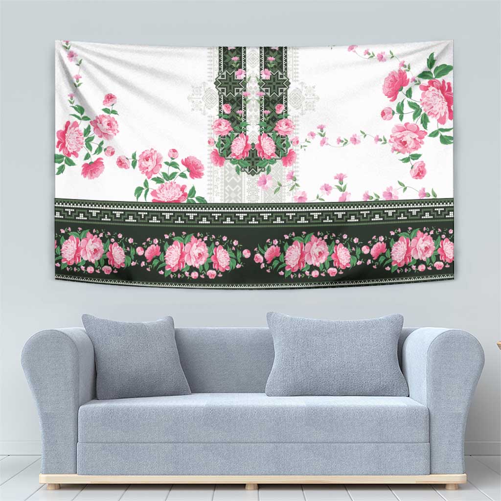 Green Romanian National Costume Tapestry Peony Flowers Traditional Folk Pattern - Wonder Print Shop