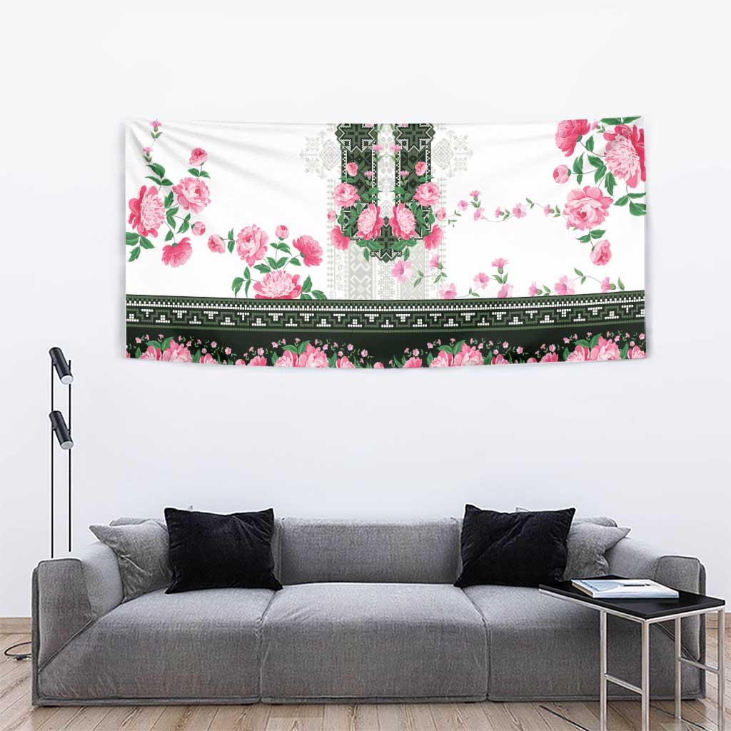 Green Romanian National Costume Tapestry Peony Flowers Traditional Folk Pattern - Wonder Print Shop