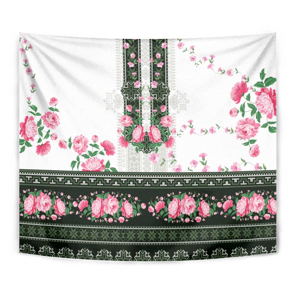 Green Romanian National Costume Tapestry Peony Flowers Traditional Folk Pattern - Wonder Print Shop