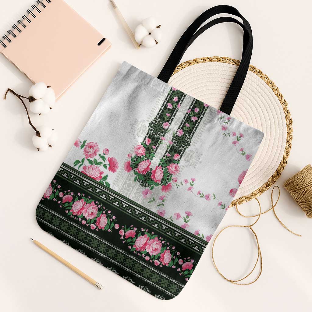 Green Romanian National Costume Tote Bag Peony Flowers Traditional Folk Pattern - Wonder Print Shop