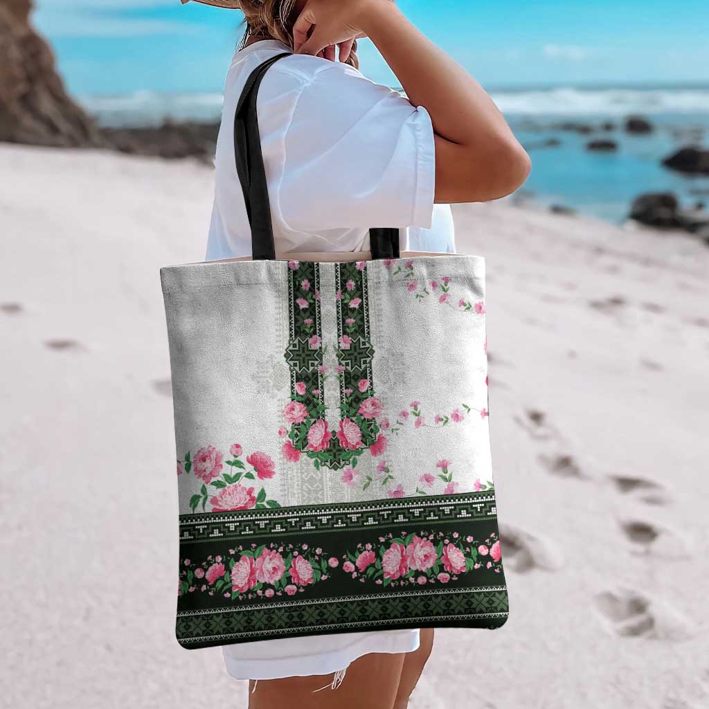 Green Romanian National Costume Tote Bag Peony Flowers Traditional Folk Pattern - Wonder Print Shop