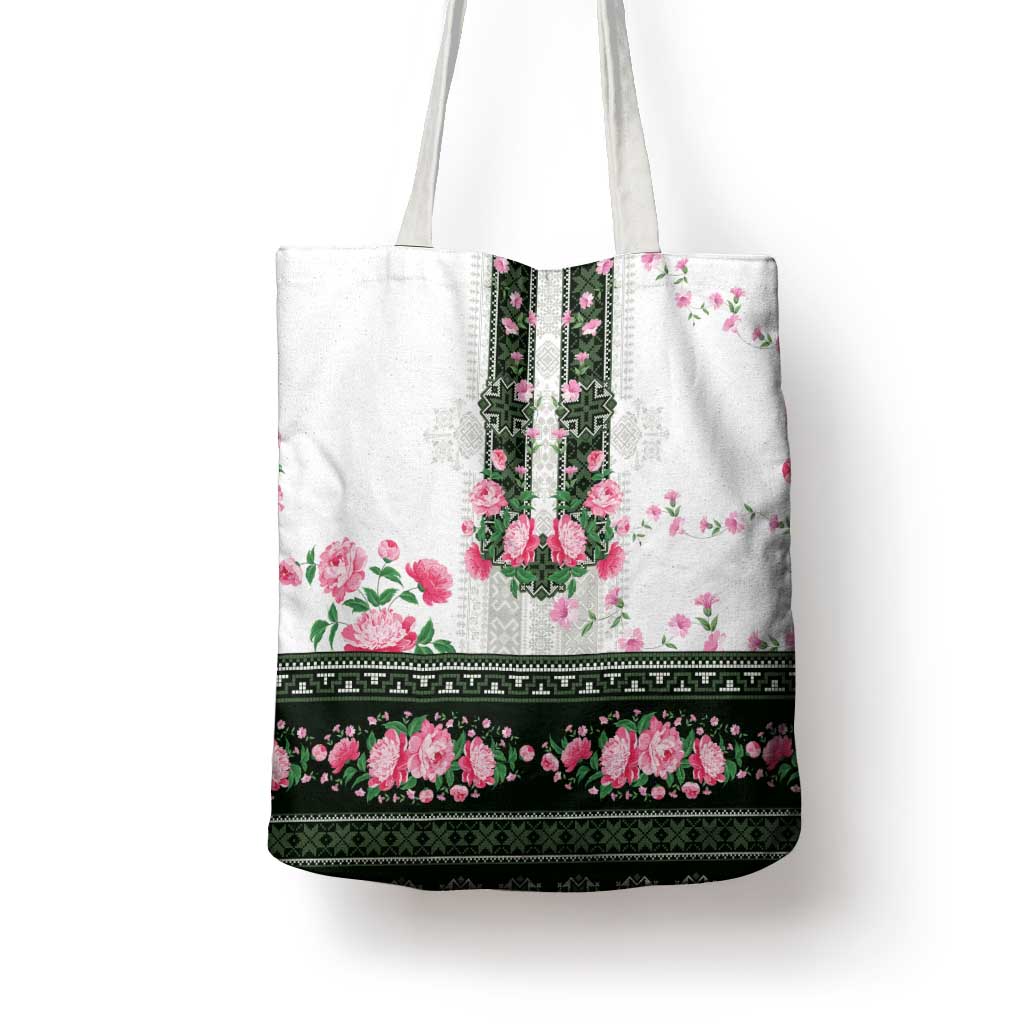 Green Romanian National Costume Tote Bag Peony Flowers Traditional Folk Pattern - Wonder Print Shop