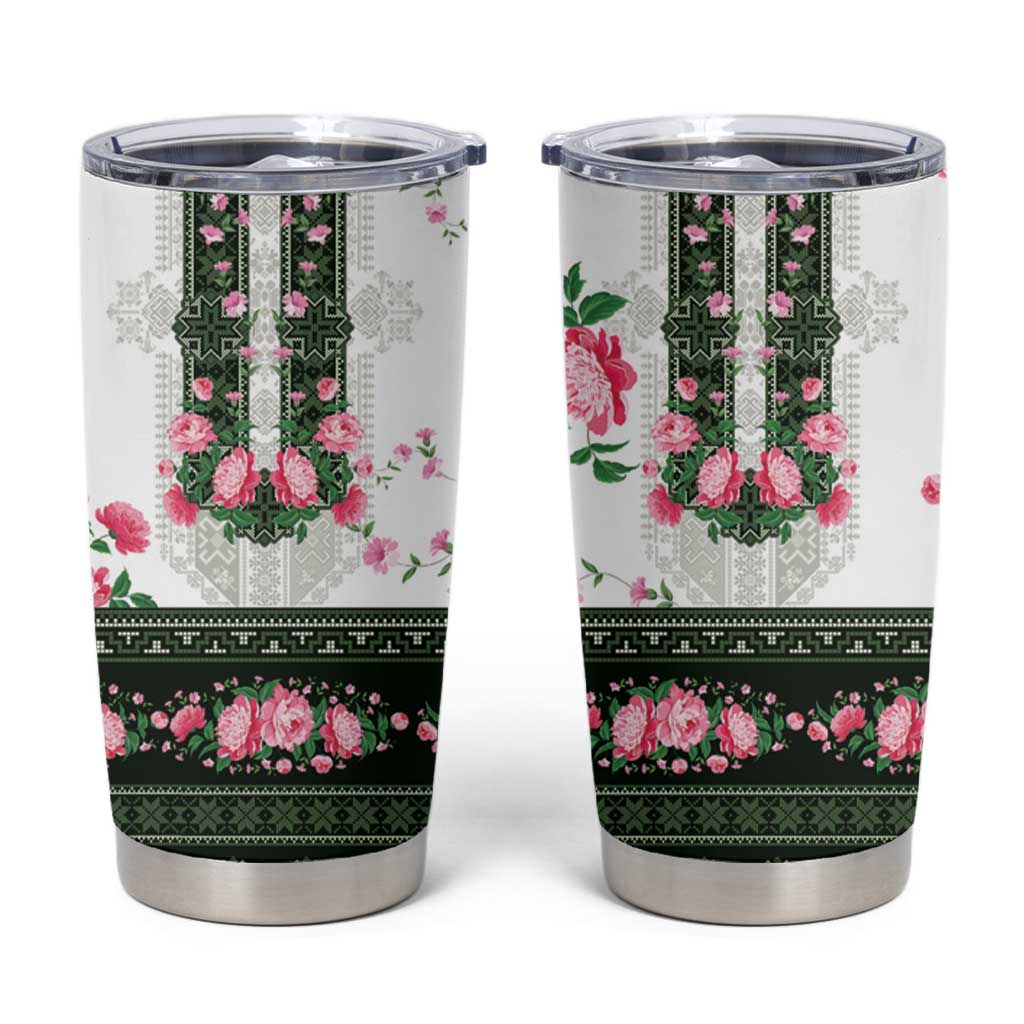 Green Romanian National Costume Tumbler Cup Peony Flowers Traditional Folk Pattern - Wonder Print Shop