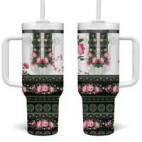 Green Romanian National Costume Tumbler With Handle Peony Flowers Traditional Folk Pattern - Wonder Print Shop
