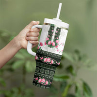 Green Romanian National Costume Tumbler With Handle Peony Flowers Traditional Folk Pattern - Wonder Print Shop