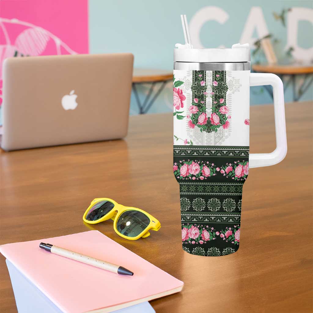 Green Romanian National Costume Tumbler With Handle Peony Flowers Traditional Folk Pattern - Wonder Print Shop