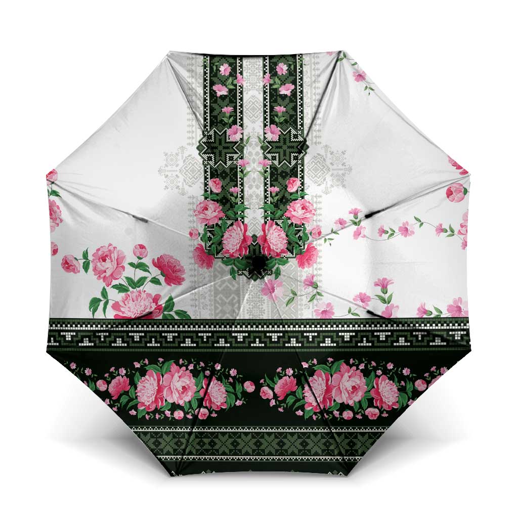 Green Romanian National Costume Umbrella Peony Flowers Traditional Folk Pattern - Wonder Print Shop