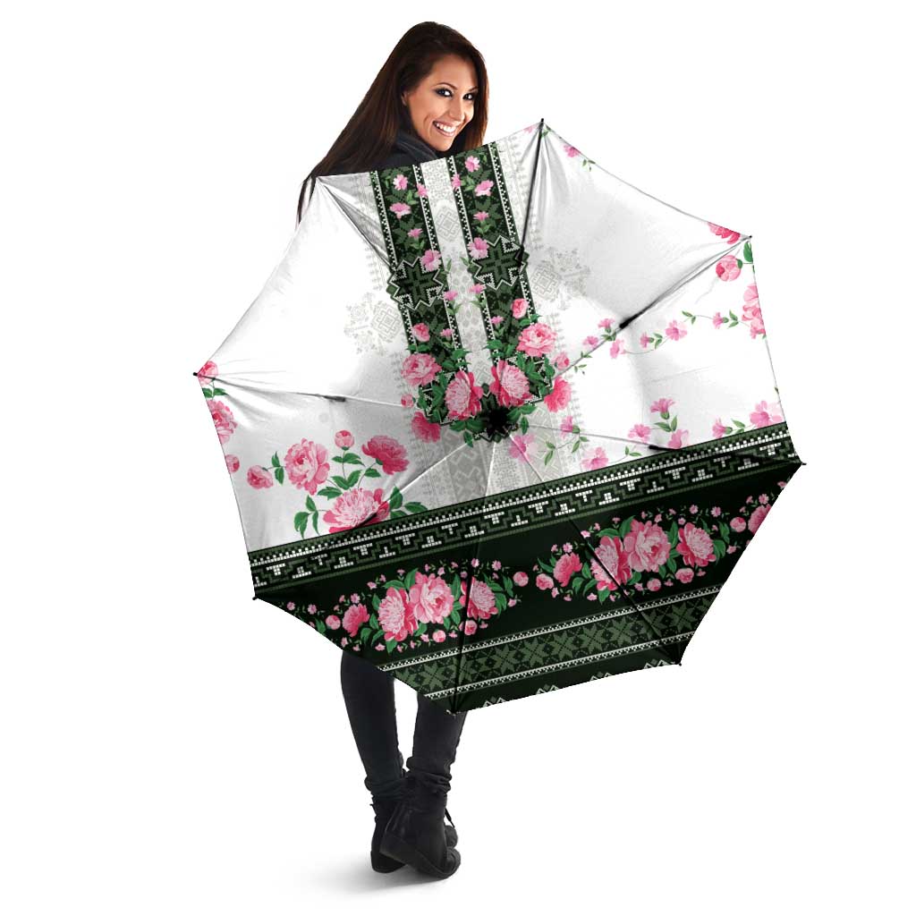 Green Romanian National Costume Umbrella Peony Flowers Traditional Folk Pattern - Wonder Print Shop