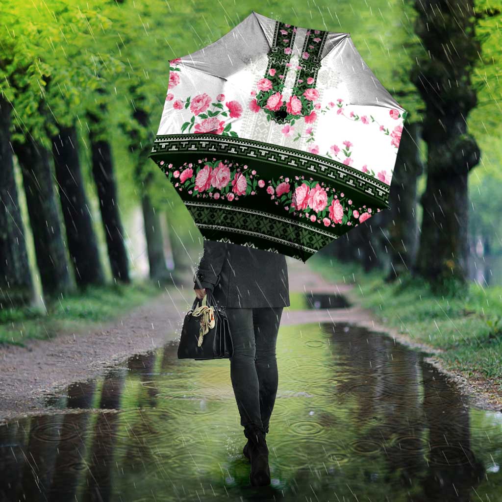 Green Romanian National Costume Umbrella Peony Flowers Traditional Folk Pattern - Wonder Print Shop