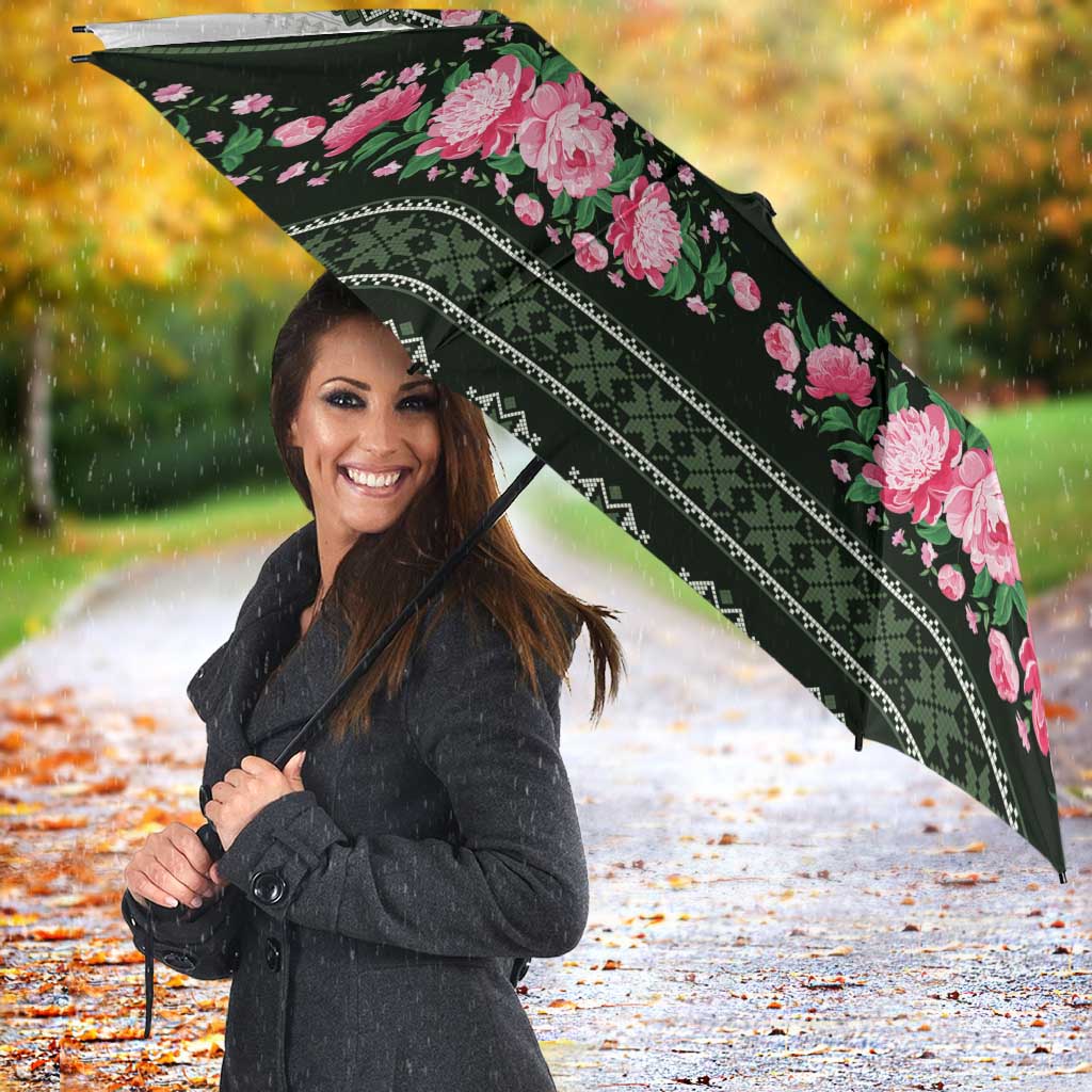Green Romanian National Costume Umbrella Peony Flowers Traditional Folk Pattern - Wonder Print Shop