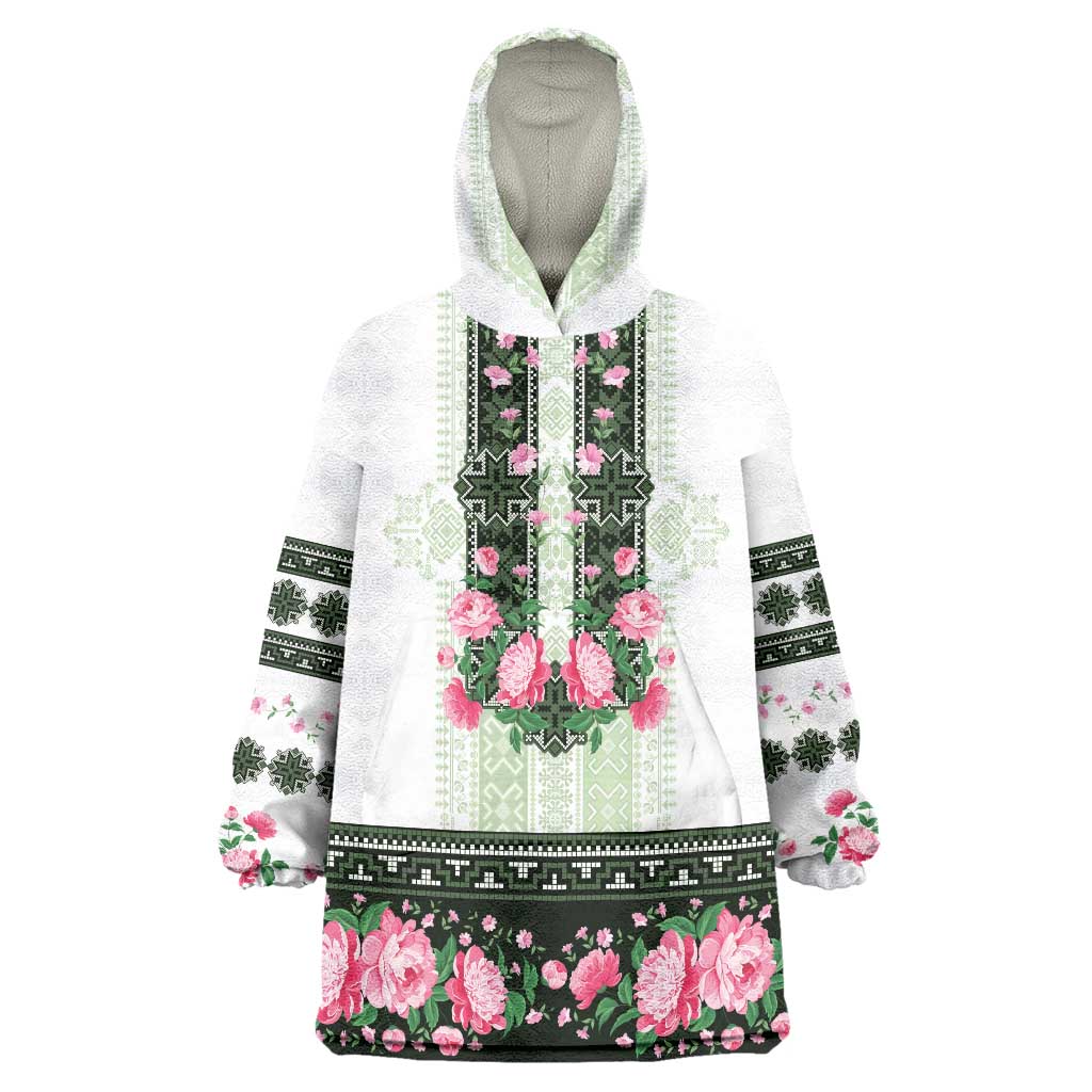Green Romanian National Costume Wearable Blanket Hoodie Peony Flowers Traditional Folk Pattern - Wonder Print Shop