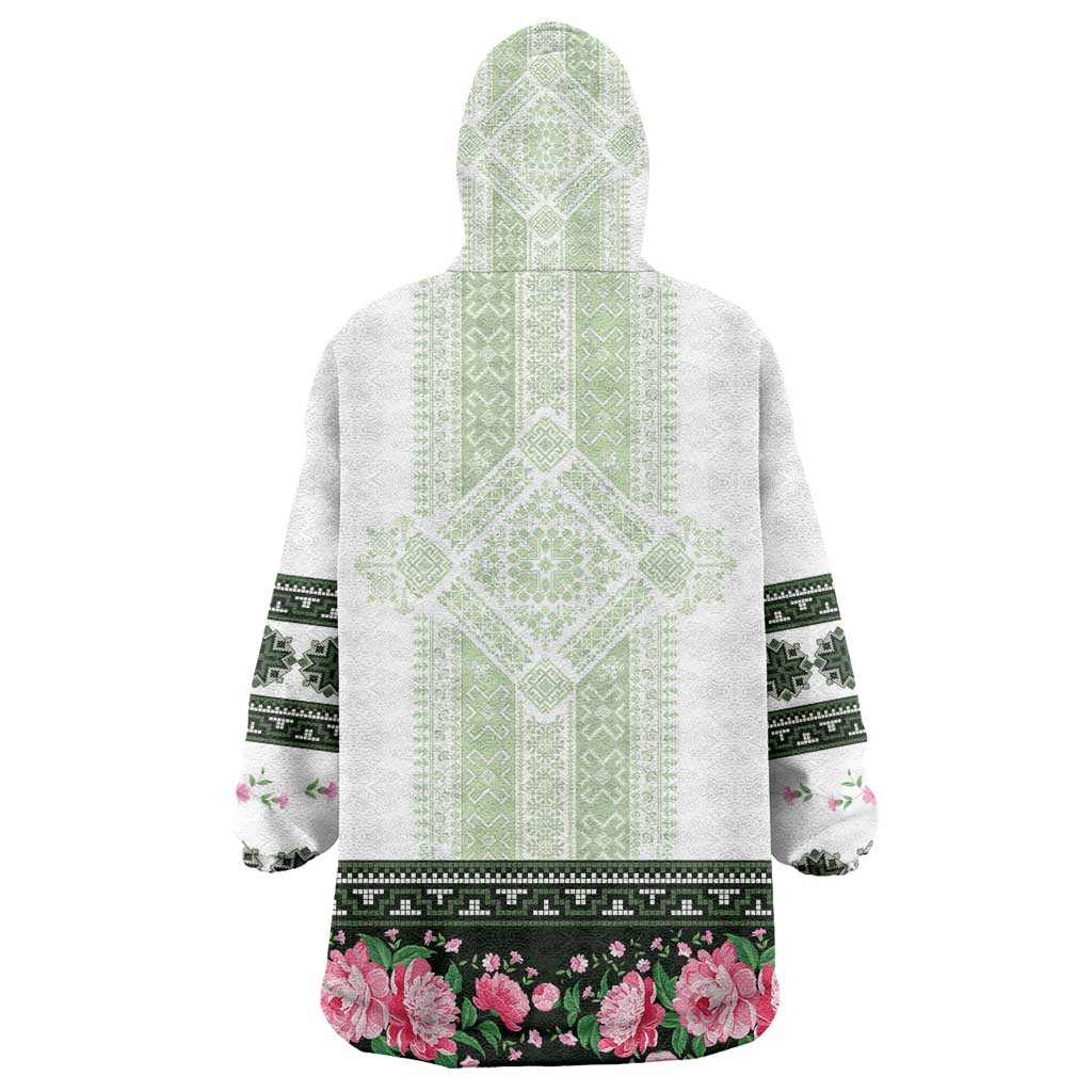 Green Romanian National Costume Wearable Blanket Hoodie Peony Flowers Traditional Folk Pattern - Wonder Print Shop
