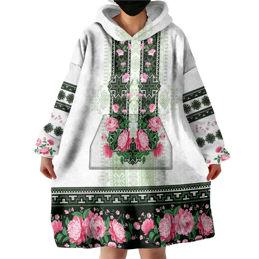 Green Romanian National Costume Wearable Blanket Hoodie Peony Flowers Traditional Folk Pattern - Wonder Print Shop