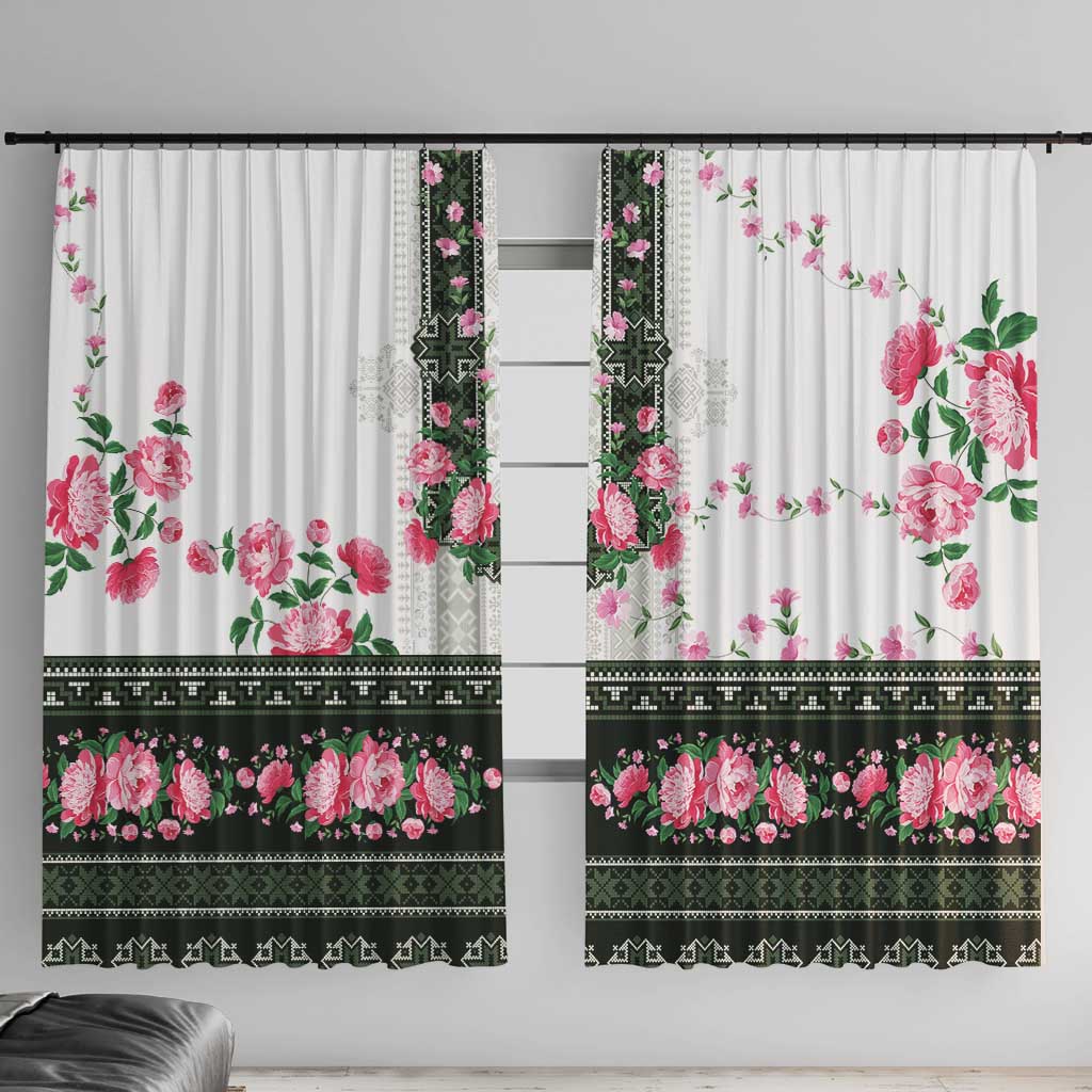 Green Romanian National Costume Window Curtain Peony Flowers Traditional Folk Pattern - Wonder Print Shop