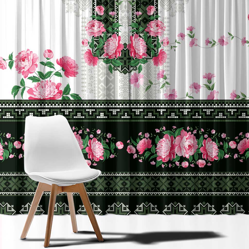 Green Romanian National Costume Window Curtain Peony Flowers Traditional Folk Pattern - Wonder Print Shop