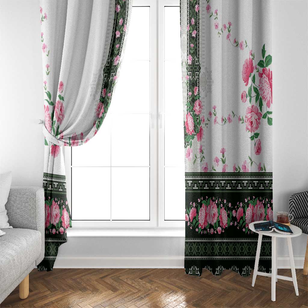 Green Romanian National Costume Window Curtain Peony Flowers Traditional Folk Pattern - Wonder Print Shop