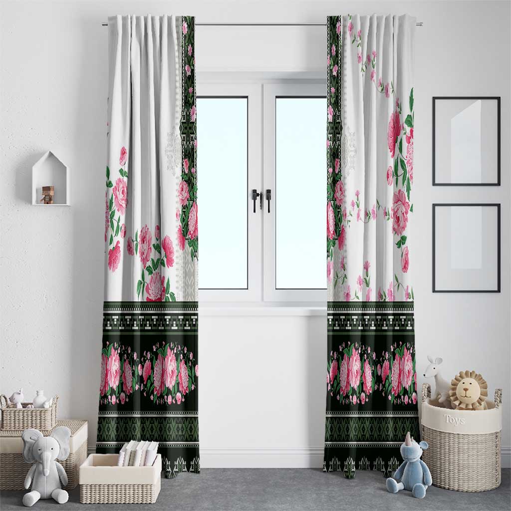 Green Romanian National Costume Window Curtain Peony Flowers Traditional Folk Pattern - Wonder Print Shop