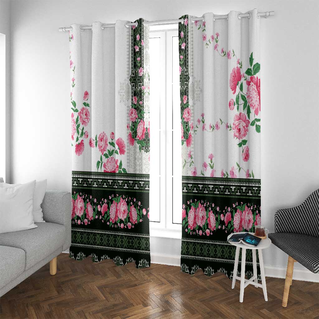 Green Romanian National Costume Window Curtain Peony Flowers Traditional Folk Pattern - Wonder Print Shop