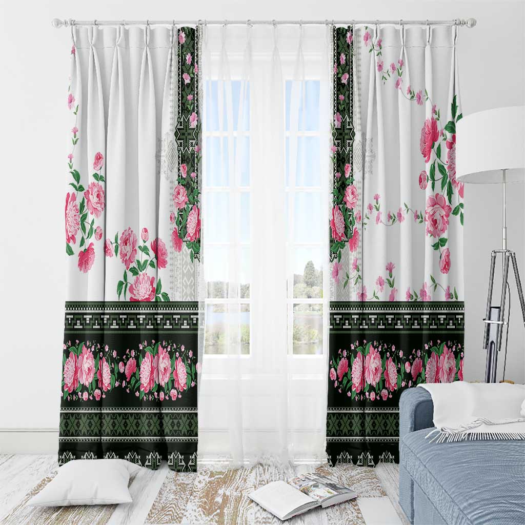 Green Romanian National Costume Window Curtain Peony Flowers Traditional Folk Pattern - Wonder Print Shop