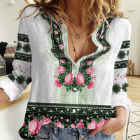 Green Romanian National Costume Women Casual Shirt Peony Flowers Traditional Folk Pattern - Wonder Print Shop