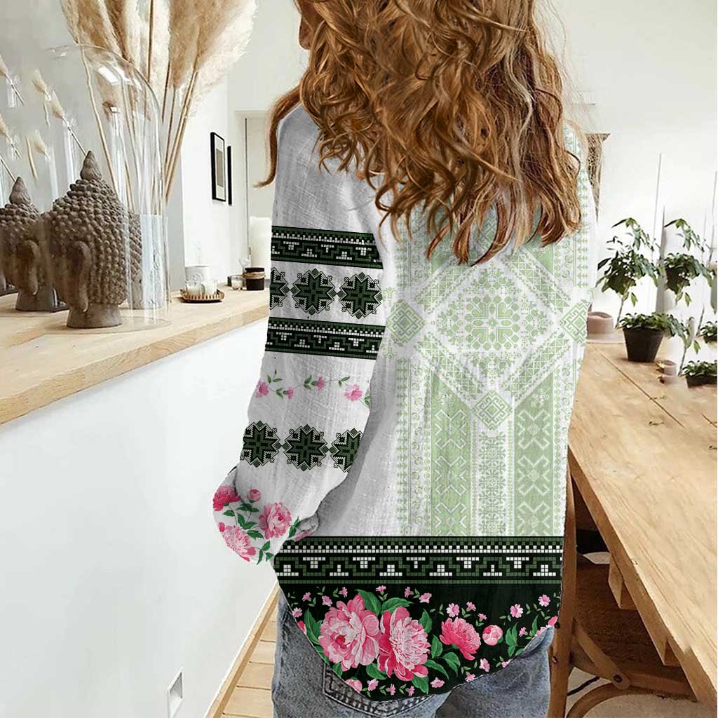Green Romanian National Costume Women Casual Shirt Peony Flowers Traditional Folk Pattern - Wonder Print Shop