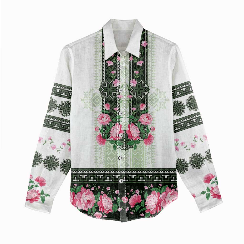 Green Romanian National Costume Women Casual Shirt Peony Flowers Traditional Folk Pattern - Wonder Print Shop
