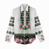 Green Romanian National Costume Women Casual Shirt Peony Flowers Traditional Folk Pattern - Wonder Print Shop