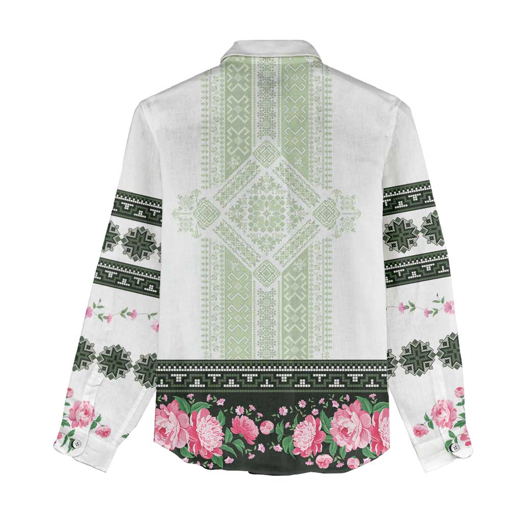 Green Romanian National Costume Women Casual Shirt Peony Flowers Traditional Folk Pattern - Wonder Print Shop