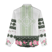 Green Romanian National Costume Women Casual Shirt Peony Flowers Traditional Folk Pattern - Wonder Print Shop