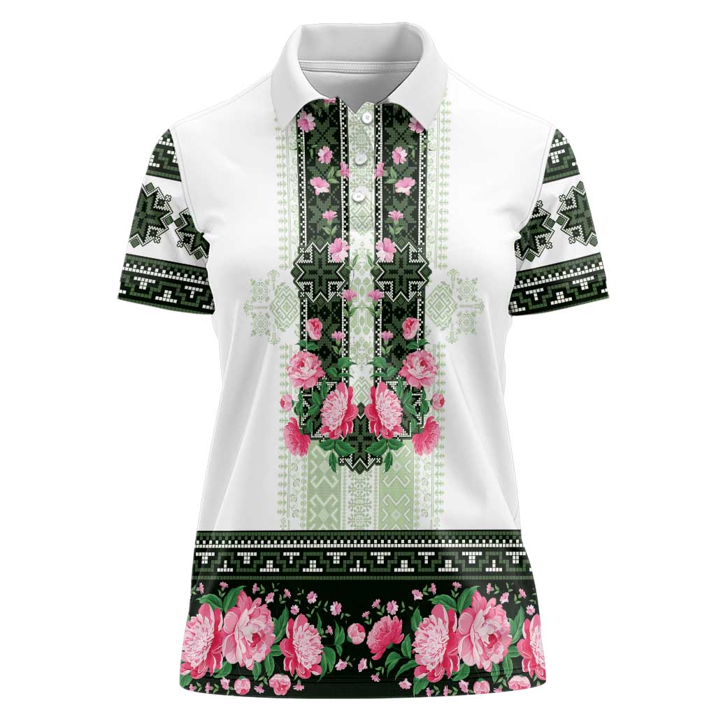 Green Romanian National Costume Women Polo Shirt Peony Flowers Traditional Folk Pattern - Wonder Print Shop