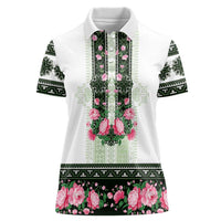 Green Romanian National Costume Women Polo Shirt Peony Flowers Traditional Folk Pattern - Wonder Print Shop