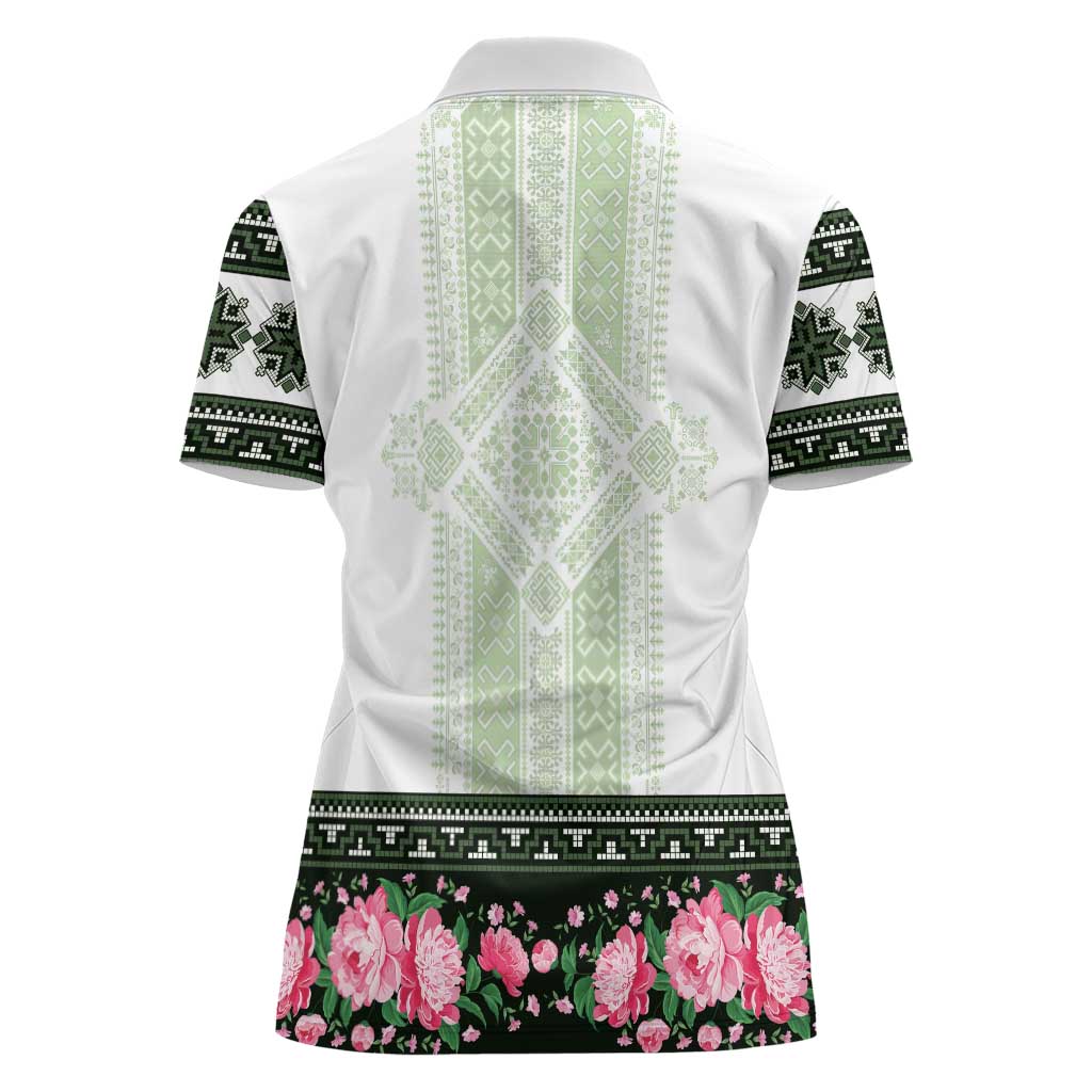 Green Romanian National Costume Women Polo Shirt Peony Flowers Traditional Folk Pattern - Wonder Print Shop