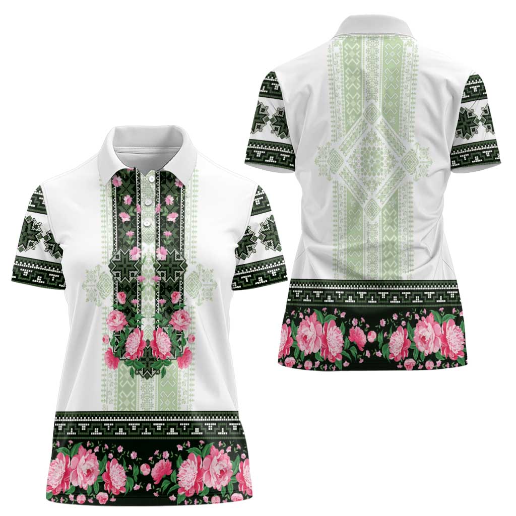 Green Romanian National Costume Women Polo Shirt Peony Flowers Traditional Folk Pattern - Wonder Print Shop
